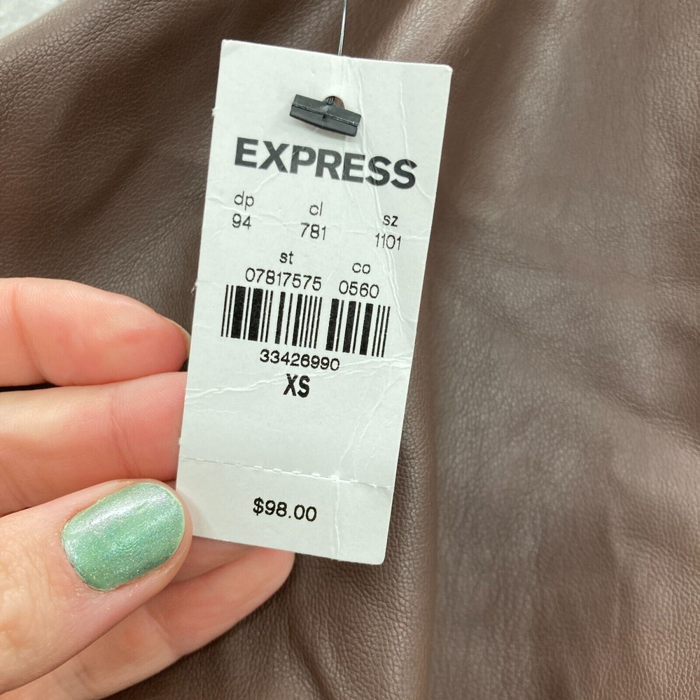 Express Brown Faux‎ Leather One Shoulder Bodycon Dress XS Long Sleeve Party NWT - Picture 4 of 14